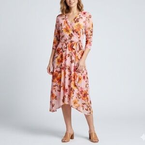 Stella & Julie vintage style Floral Midi Dress Size 12 Pink Mesh 3/4 Sleeves NEW